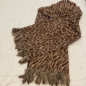 $600+ 100% wool w genuine rabbit fur-large reversible animal print scarf/wrap